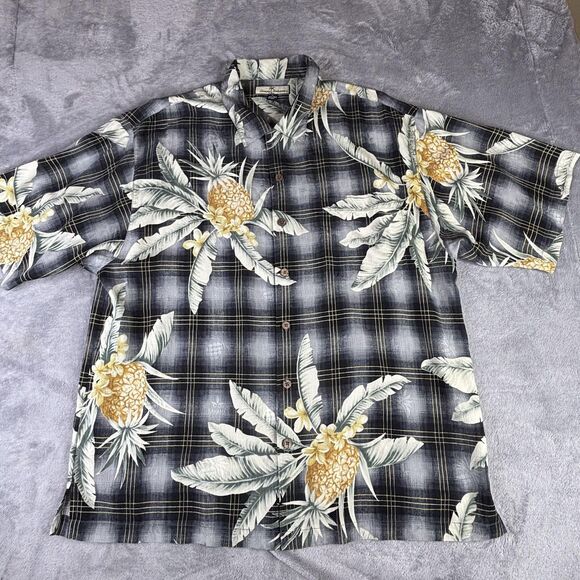 Tommy Bahama Shirt Mens XL Black Silk Hawaiian Pineapple Camp Aloha Short Sleeve - Picture 2 of 16